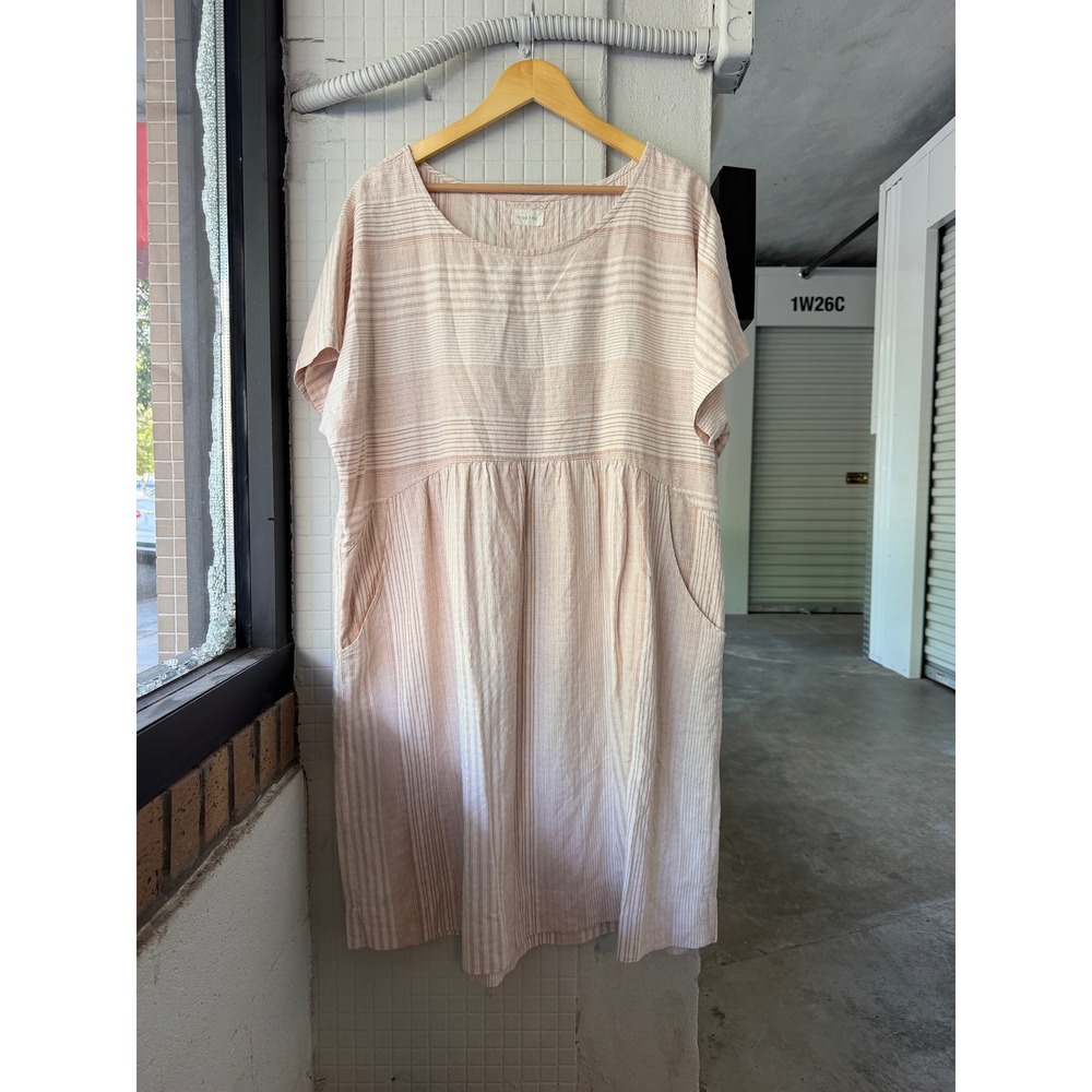 Poetry Hemp Organic Cotton Striped Midi Dress 16 Pink Beige Pockets Relaxed - Picture 2 of 8